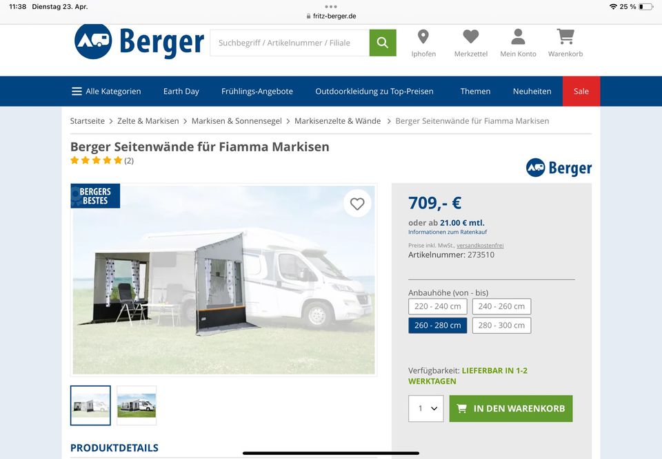 Fiamma F45, F80 Markisen -Zelt - System von Berger, neuwertig 4m in Ebrach