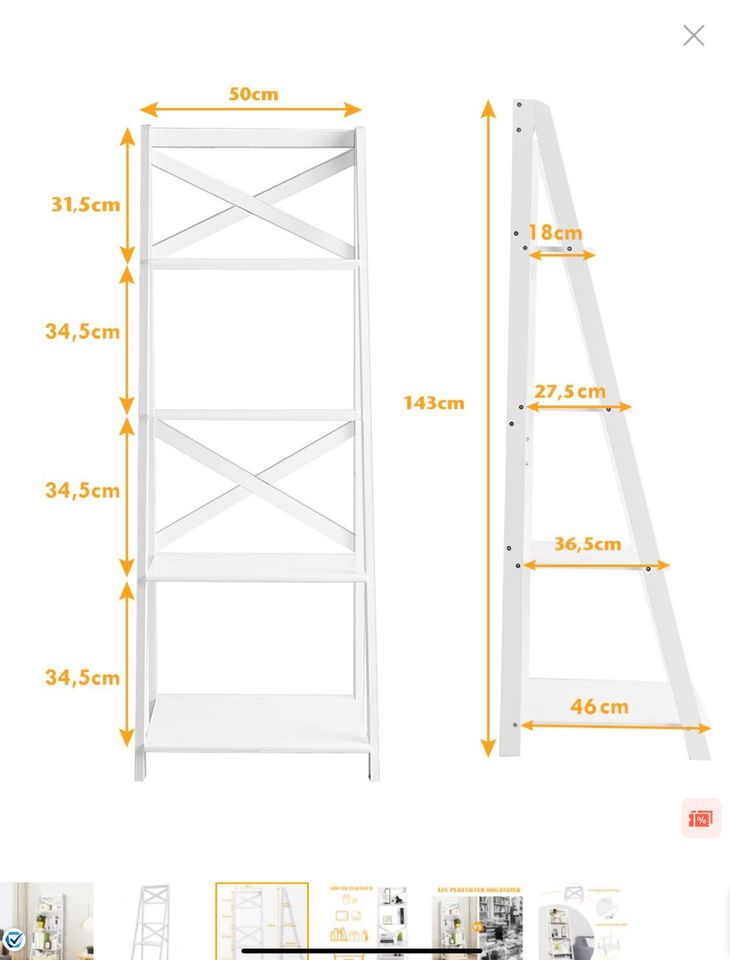 4-stufiges Leiterregal aus Holz mit Querstange 51x46x143cm Weiß in Lübeck