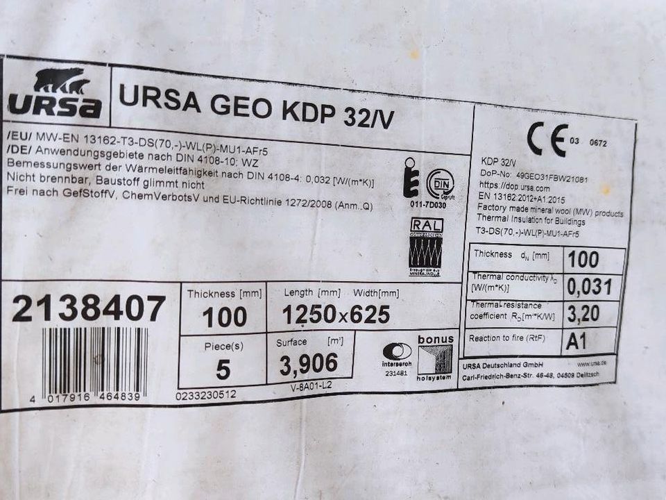 URSA Kerndämmplatte KDP32/V 100 mm 1250x 625 mm WLS 032 in Schöningen