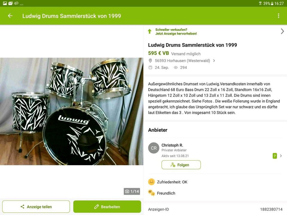 Ludwig Schlagzeug vintage Sammlerstück in Horhausen (Westerwald)