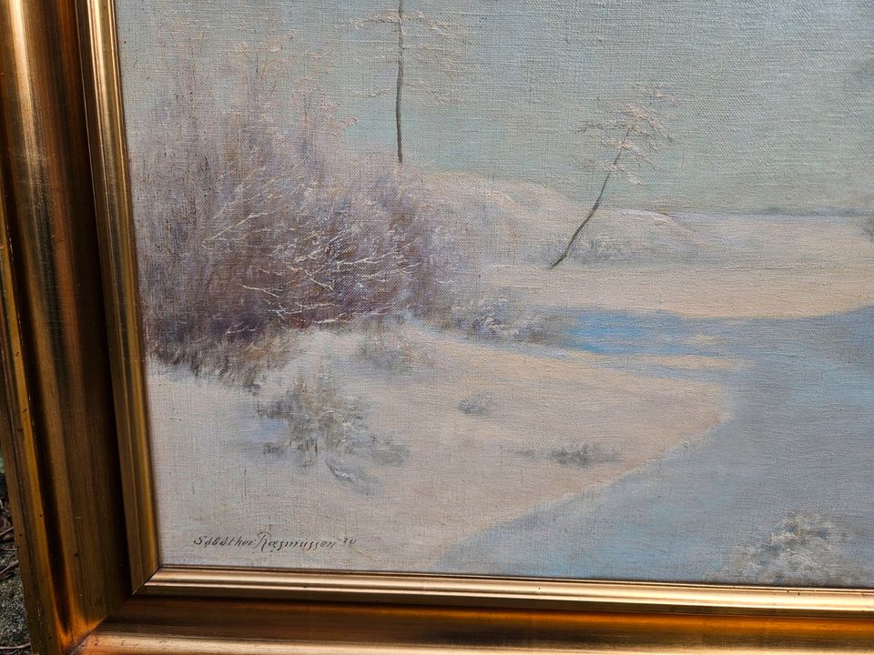 Sobotker Rasmussen antikes Ölgemälde Winterlandschaft von 1934 in Melbeck