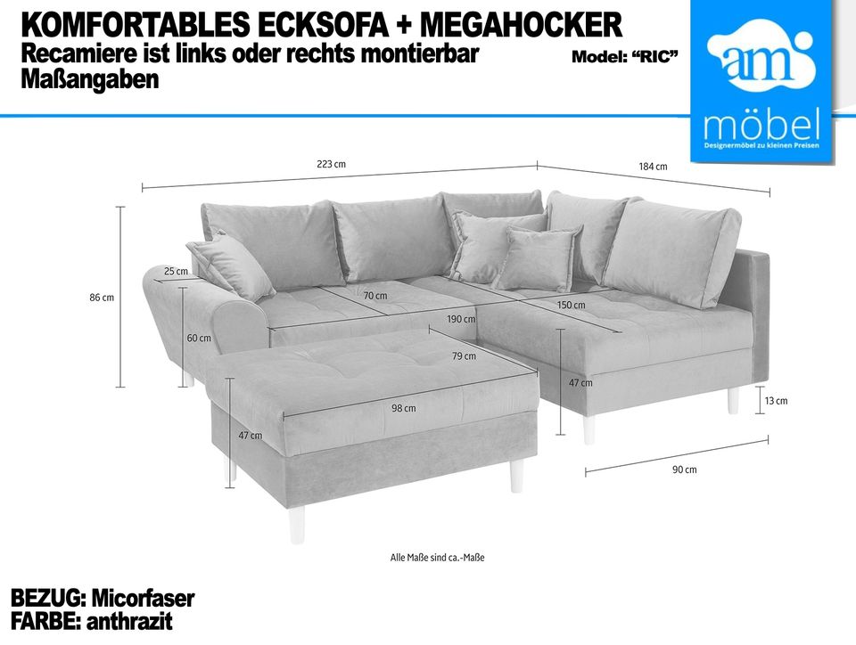 Sofa Couch Wohnlandschaft L Form + Hocker Microfaser anthrazit in Bremen