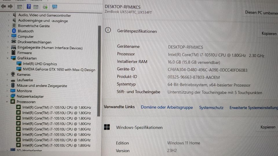 Laptop Asus ZenBook UX534F. GTX 1650/Intel i7/16GB/SSD/15'6/Pad in Düsseldorf