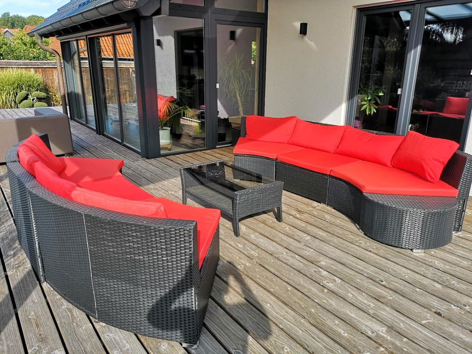 Garten Lounge Set Module Poly Rattan mit roten Auflagen Frühling in Hankensbüttel