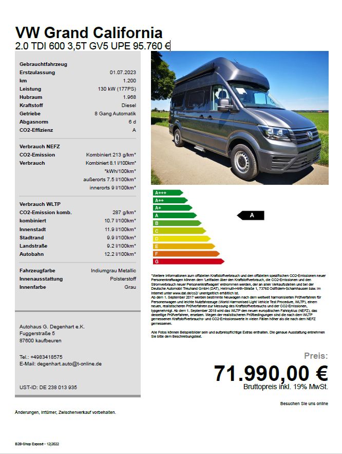 VW Grand California 2.0 TDI 600 3,5T GV5 UPE 95.760 € in Kaufbeuren