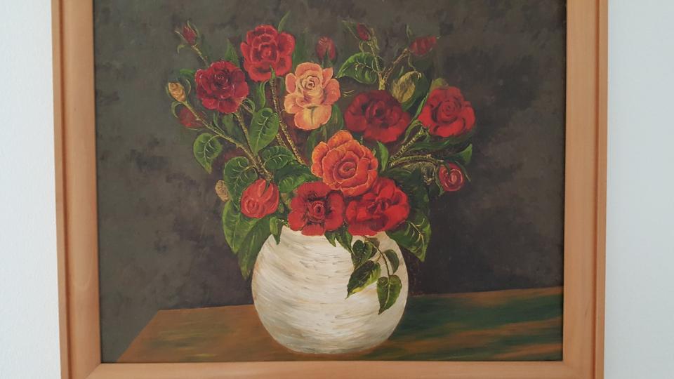 Gemälde Rosen in weißer Vase auf dunklem Hintergrund 68x58 in Kleve