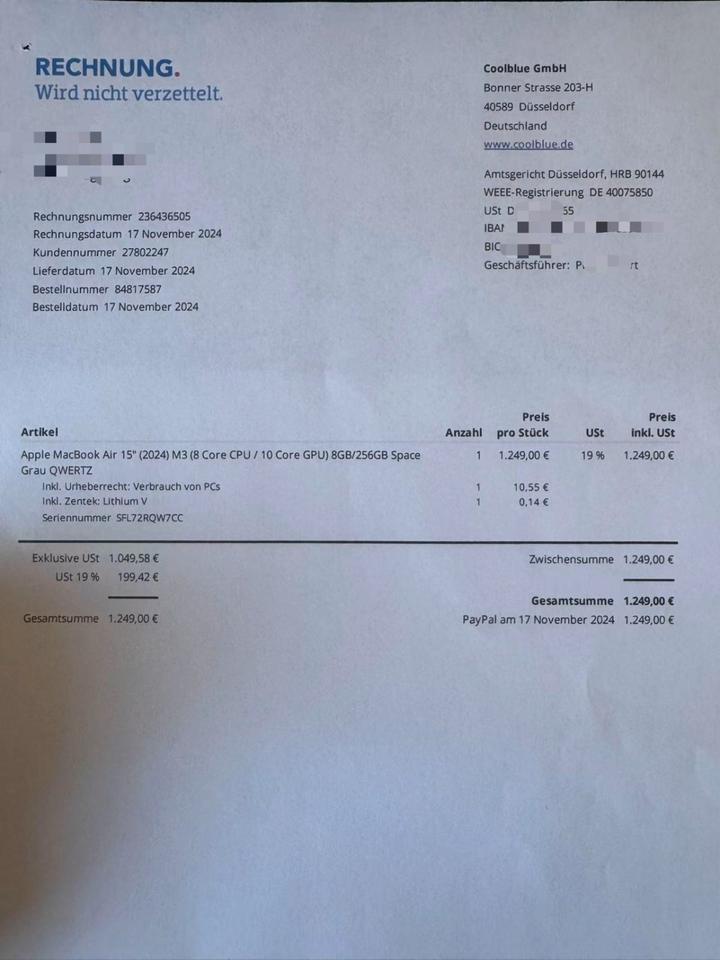 4 Monate alt! Apple MacBook Air 15,3 M3/8/256GB mit Rechnung in Frankfurt am Main