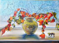 70 x 50 cm "Lampionen Blumen Vase Fenster" Ölbild Gemälde Neu Leipzig - Dölitz-Dösen Vorschau