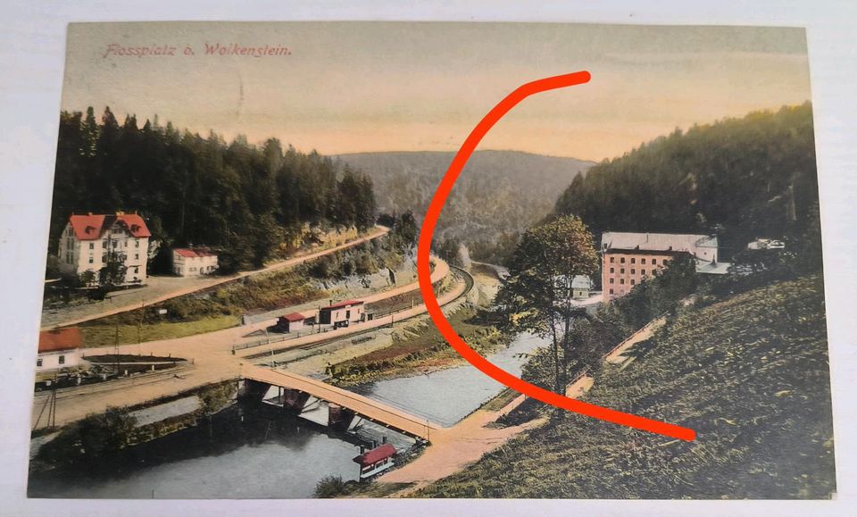 Postkarte Wolkenstein Erzgebirge Floßplatz, 1908 in Limbach-Oberfrohna