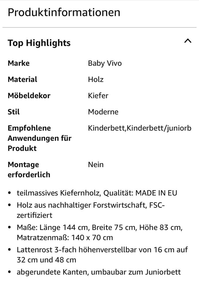 Babybett / Kinderbett Baby Vivo höhenverstellbar mit Matratze in Saarbrücken