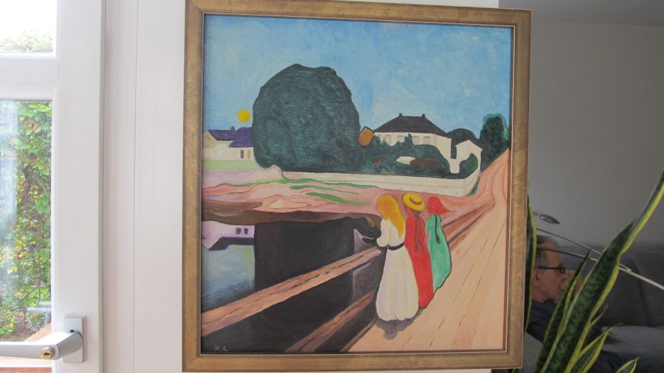 Ölbild Landschaft mit drei Frauen auf der Brücke in Regensburg