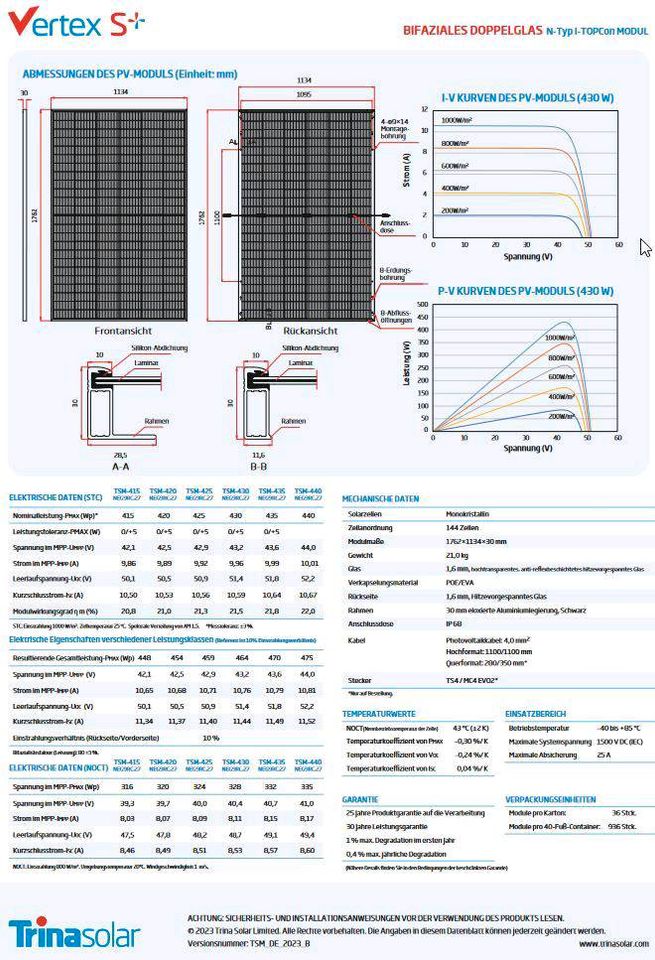 Trina Solar Vertex S+ 435W PV Module Bifazial Glas Glas in Dresden