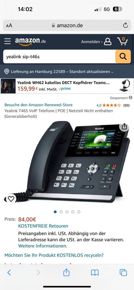 6 Yealink T46S VoIP Telefone, PoE, Netzteil nicht enthalten in Apensen