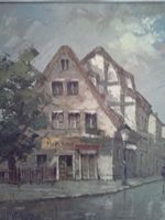 Ölbild 1958 Häuserreihe mit Baum, schöner alter Rahmen Berlin - Gatow Vorschau