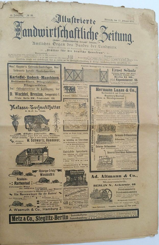 Antiquität von 1898: ,,Illustrierte Landwirtschaftliche Zeitung'' in Stade