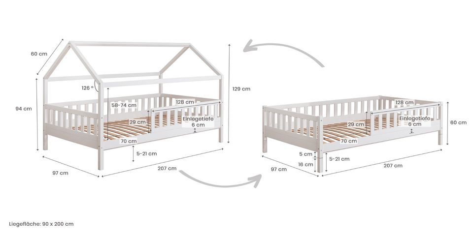Kinderbett Hausbett "Duo" Kiefer massiv Weiß / Natur / Grau in Kirchlengern