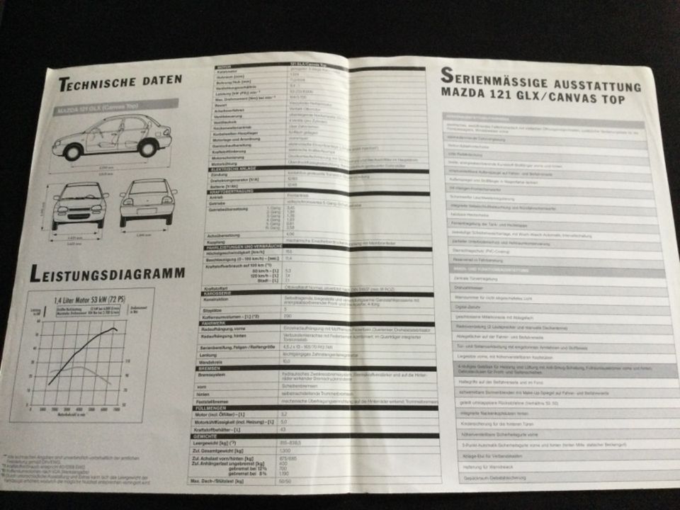 Mazda 121 GLX und Canvas Prospekt technische Daten von 1993 in Kiel