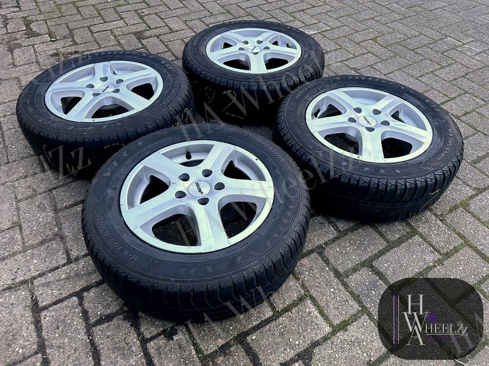 4x VW Caddy + Maxi Alu Räder ALLWETTER GOODYEAR Golf 5 6 7 Plus Skoda Seat Mercedes A B E W124 W245  Felgen Alufelgen Ganzjahresreifen Reifen Ganzjahr 195/65 R15 Silber Zoll 5x112 Allwetterreifen in Bünde