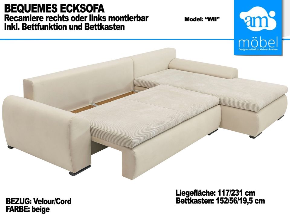 Sofa Couch Wohnlandschaft L Form Bettfunktion/Bettkasten beige in Bremen