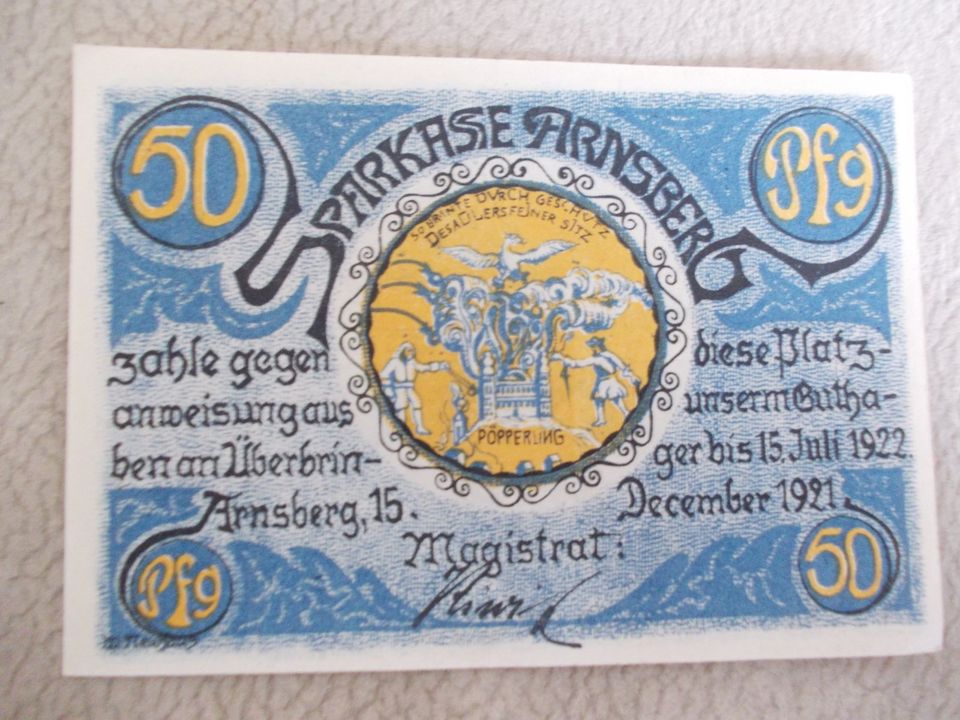 3 x 50Pfg. Sparkasse Arnsberg , 15. Dez. 1921 Magistrat in Sundern (Sauerland)