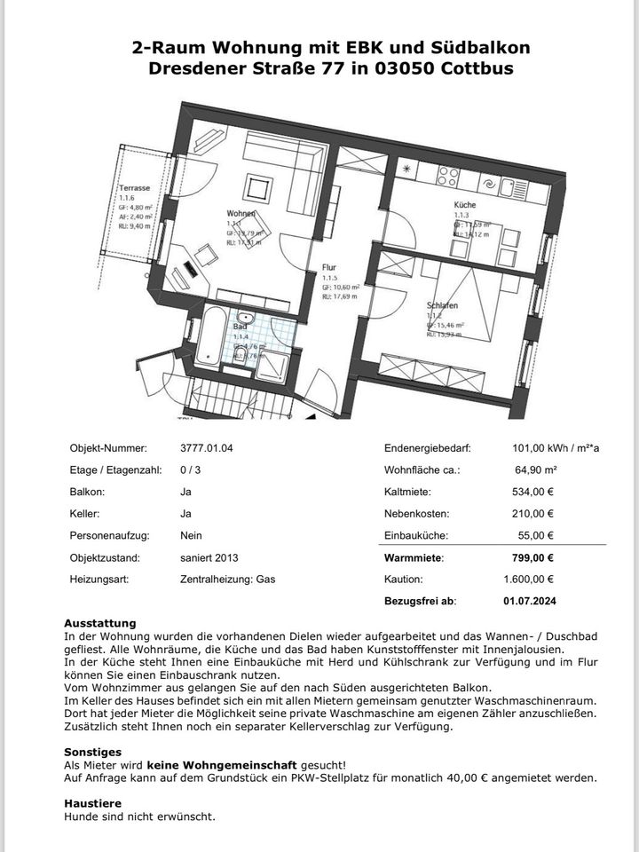 Tolle 2-Raum Altbau Wohnung mit Einbauküche, Cottbus Dresdner Str in Cottbus
