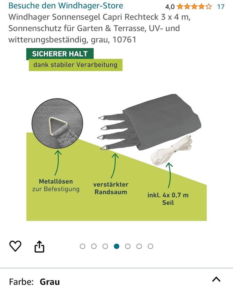 Windhager Sonnensegel 3x4m grau, UV- und witterungsbeständig NEU! in Saarbrücken