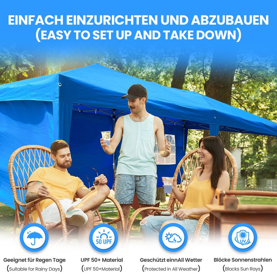 Faltpavillon 3x6m 3-Seitenteile Gartenzelt Partyzelt W.dicht BLAU in Essen