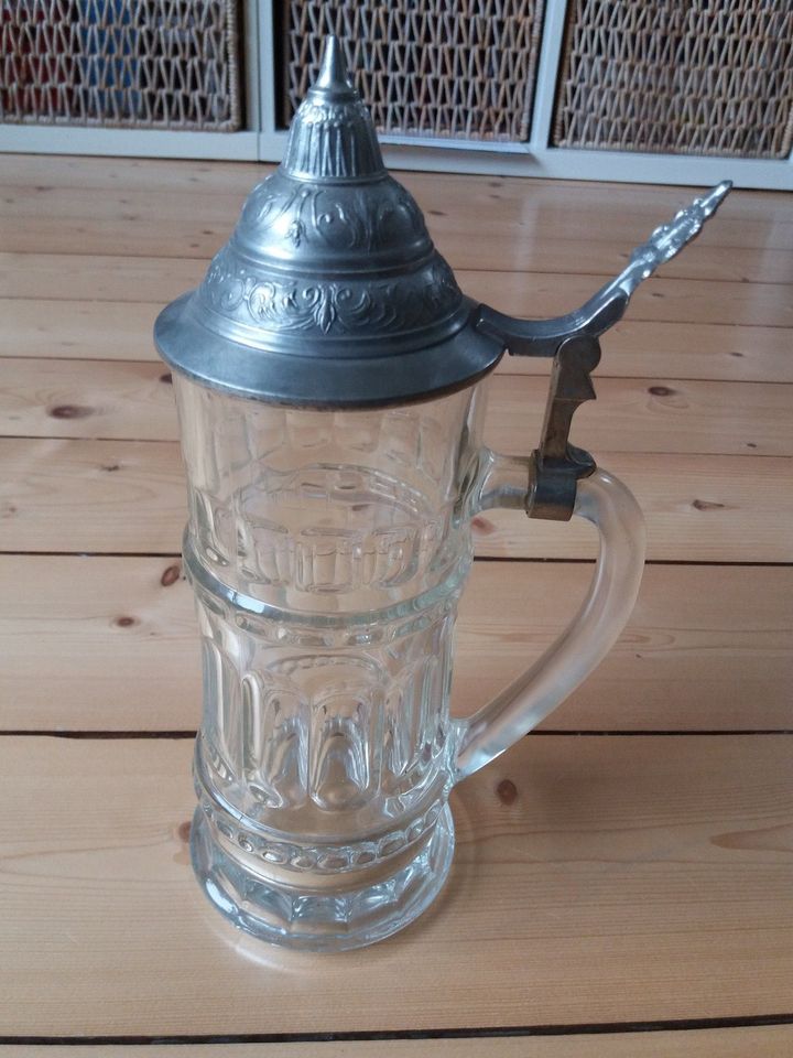 Schöner Bierkrug / Bierglas aus Glas mit Zinndeckel / Spitzdeckel in Braunschweig