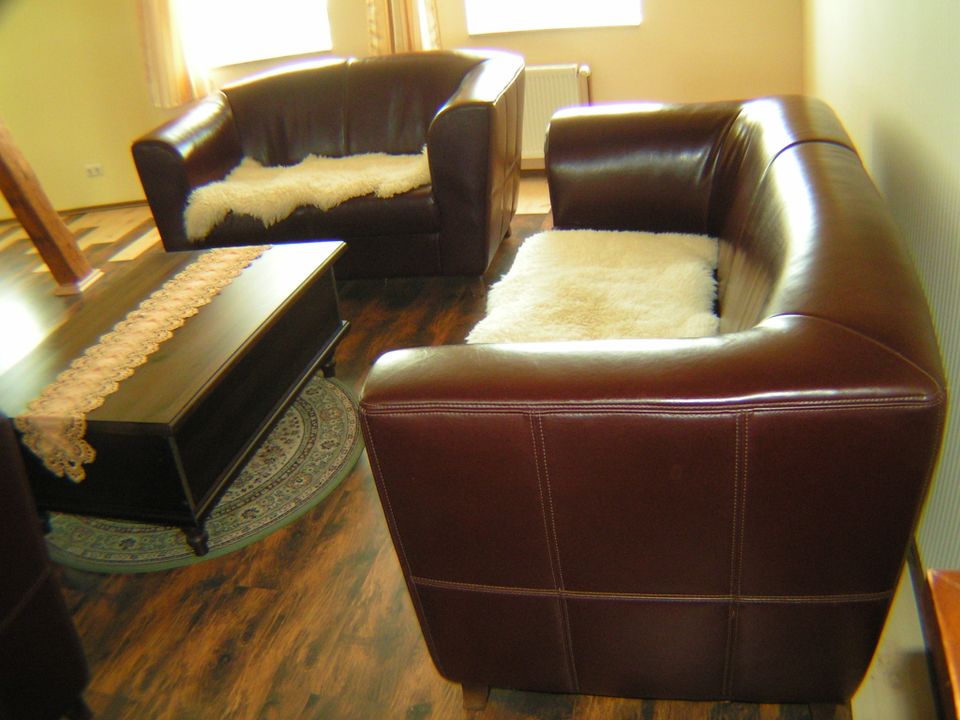 echt Leder Couch Sofa Sessel 2er 3er und Tisch holz alles Tip Top in Genthin