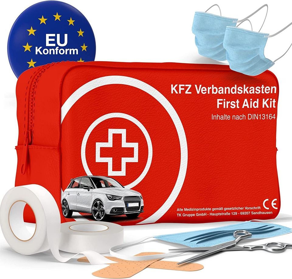 autogadget® 1x Auto Verbandskasten - Neue Norm 2024 DIN 13164 - STVO & 2x  Maske