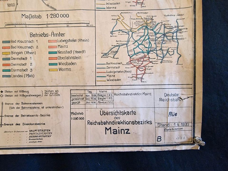 Alte Übersichtskarte des Reichsbahndirektionbezirk Mainz von 1937 in Heusweiler