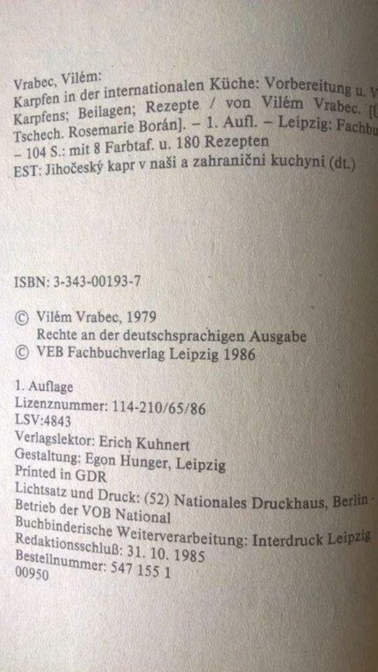 DDR Buch Karpfen in der internationalen Küche, VEB Fachbuchverlag in Leipzig