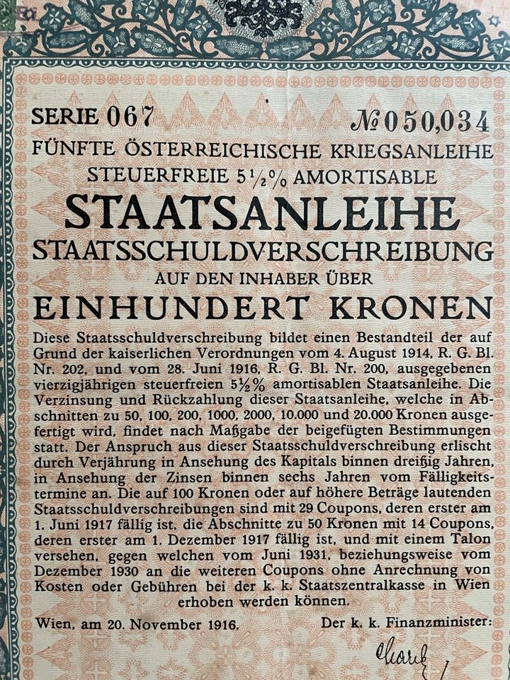 Österreichische Staatsanleihe 1916 Einhundert Kronen in München