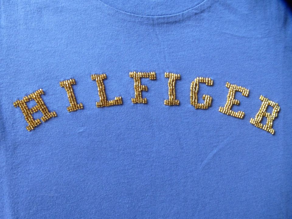 Tommy Hilfiger T-shirt blau mit Pailletten gelb gold S 36 only TH in Guldental