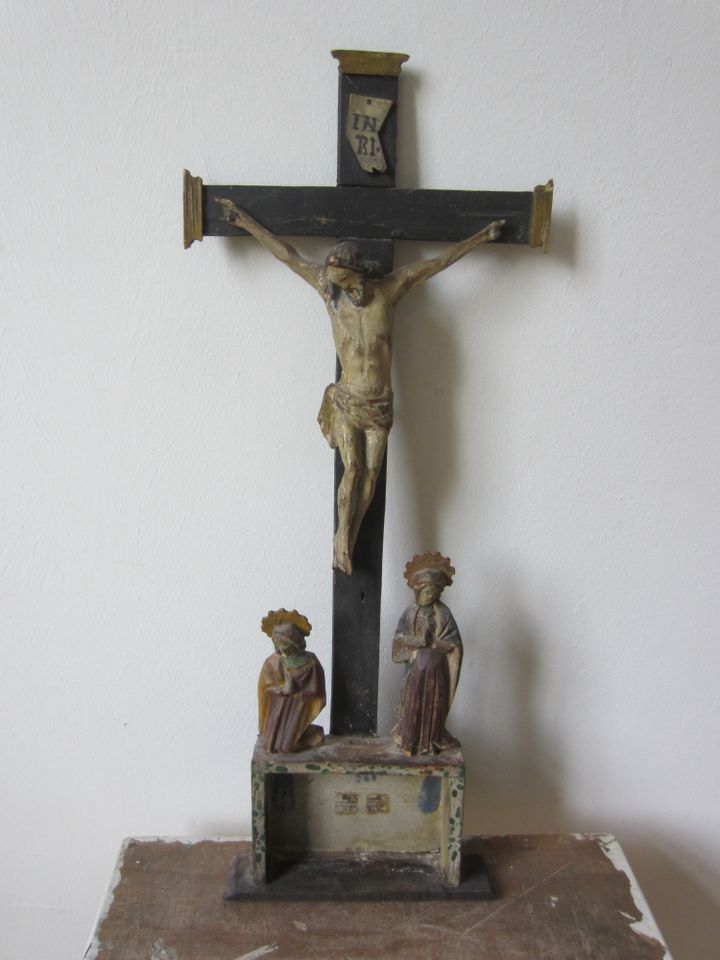 JESUS CHRISTUS KREUZ + MARIA FIGUR SCHNITZEREI ANTIK ALT RELIQUIE in Bochum