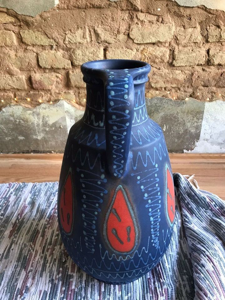 Silberdistel Vase rot blau Keramik Henkelvase Bodenvase in Rüsselsheim