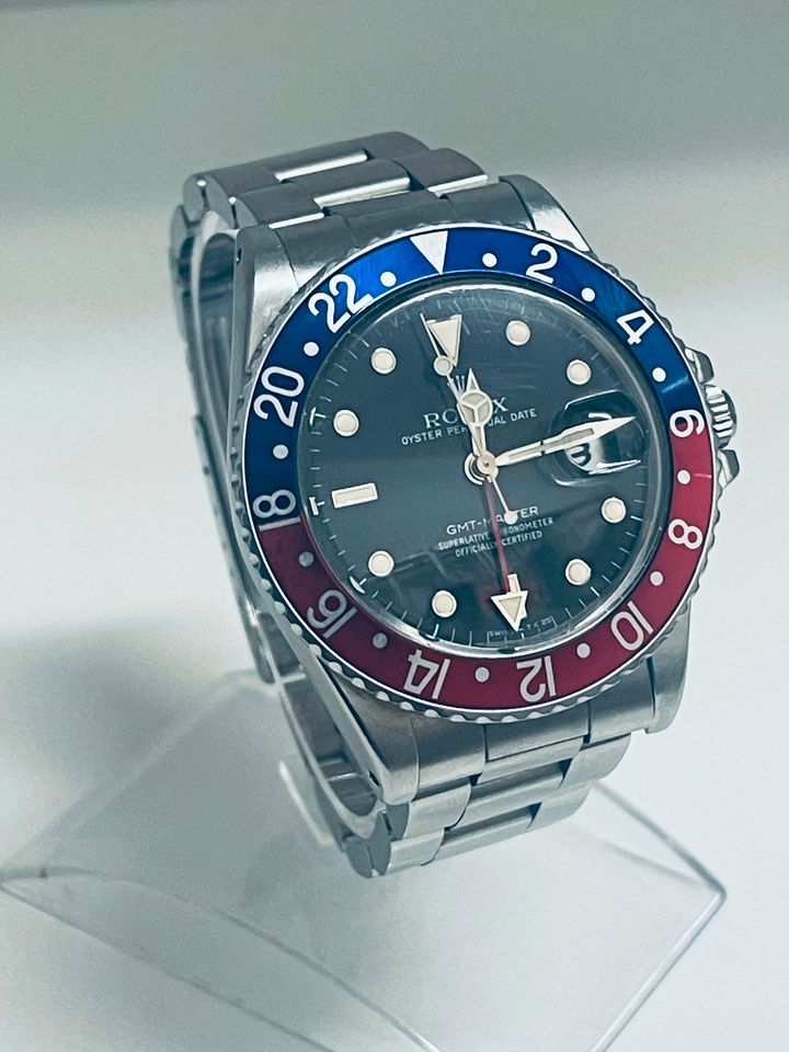 ROLEX GMT MASTER-16750-PLEXI-Box, Papers und Erstkaufbeleg-1988 in Karlsruhe