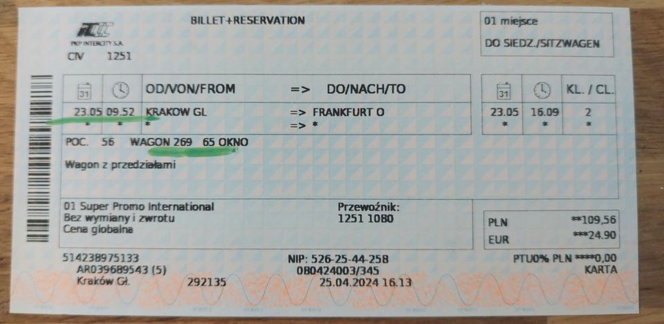 Ticket Krakau Hbf > Frankfurt (Oder) in Frankfurt (Oder)