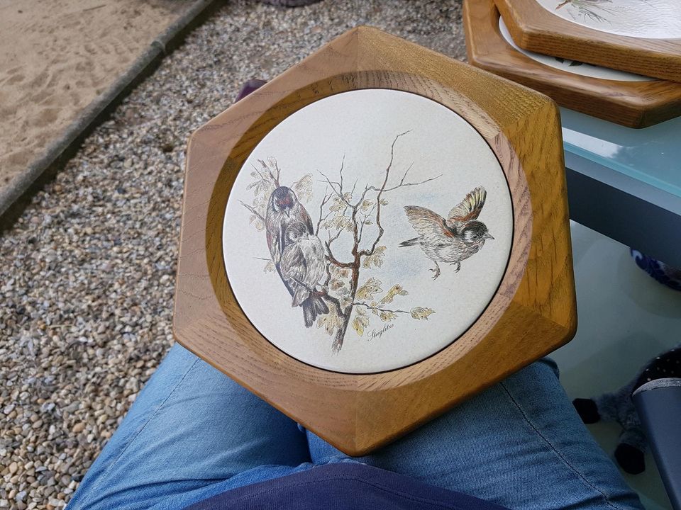 3 Dekofliesen Vögel auf Terrakotta im Eichenrahmen in Wermelskirchen