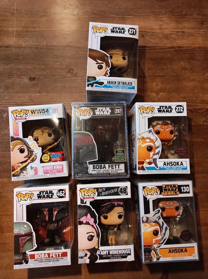 Funko Pop Amy Winehouse, Ahsoka, Boba Fett, Wonder Woman in Schwartbuck