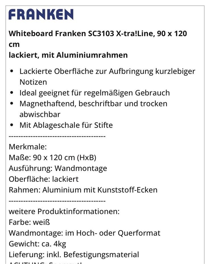 Franken Whiteboard SC3109 X-tra!Line 120 x 90 cm NEU in Mengen