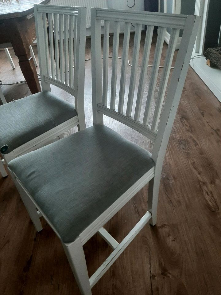 2 weiße Holz Stühle mit Sitzpolster in Gladbeck