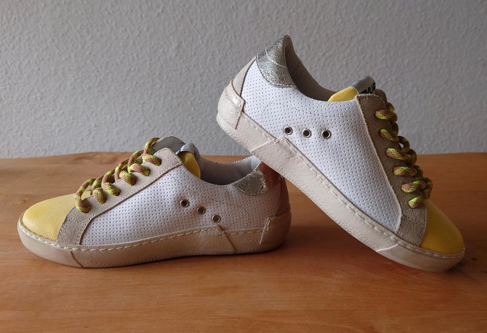 ☀️ MELINE Sneaker Turnschuhe Leder weiß gelb 36 NEU in Centrum