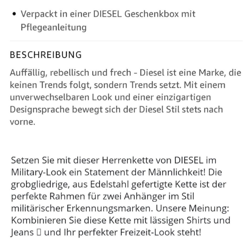 DIESEL Edelstahl Kette Anhänger LEATHER JACKET«DX1040040♻️ TAUSCH in Berlin