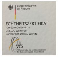 Echtheitszertifikat für die 100 EURO Goldmünze Dessau Wörlitz Nordrhein-Westfalen - Mettmann Vorschau