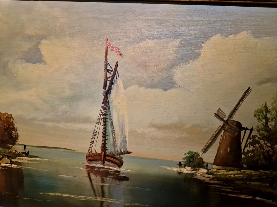 AD Altes Ölgemälde Leinwand Schiff Segelschiff Windmühle Fluss in Dieburg