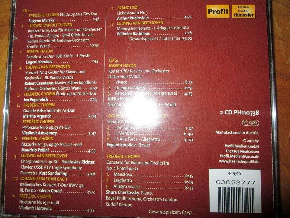 2CDs Die größten Pianisten Klassik zB.Mursky, Horowitz Rubinstein in Berlin