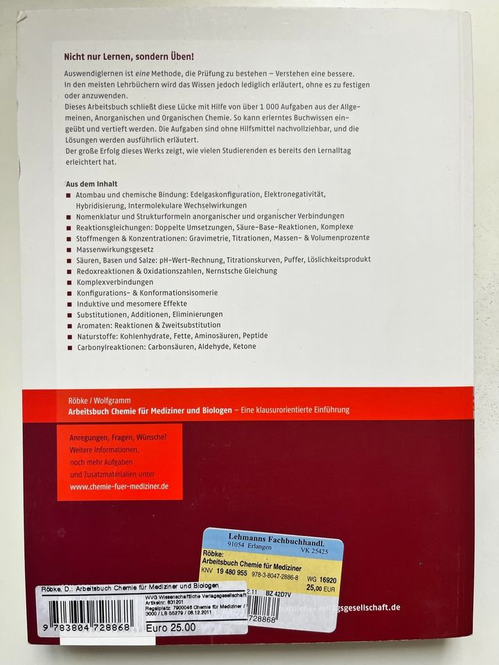 Arbeitsbuch Chemie für Mediziner und Biologen in Nürnberg (Mittelfr)