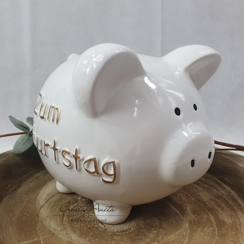 Sparschwein weiß-Gold, Spardose „zum Geburtstag“, Sparbüchse in Fensterbach