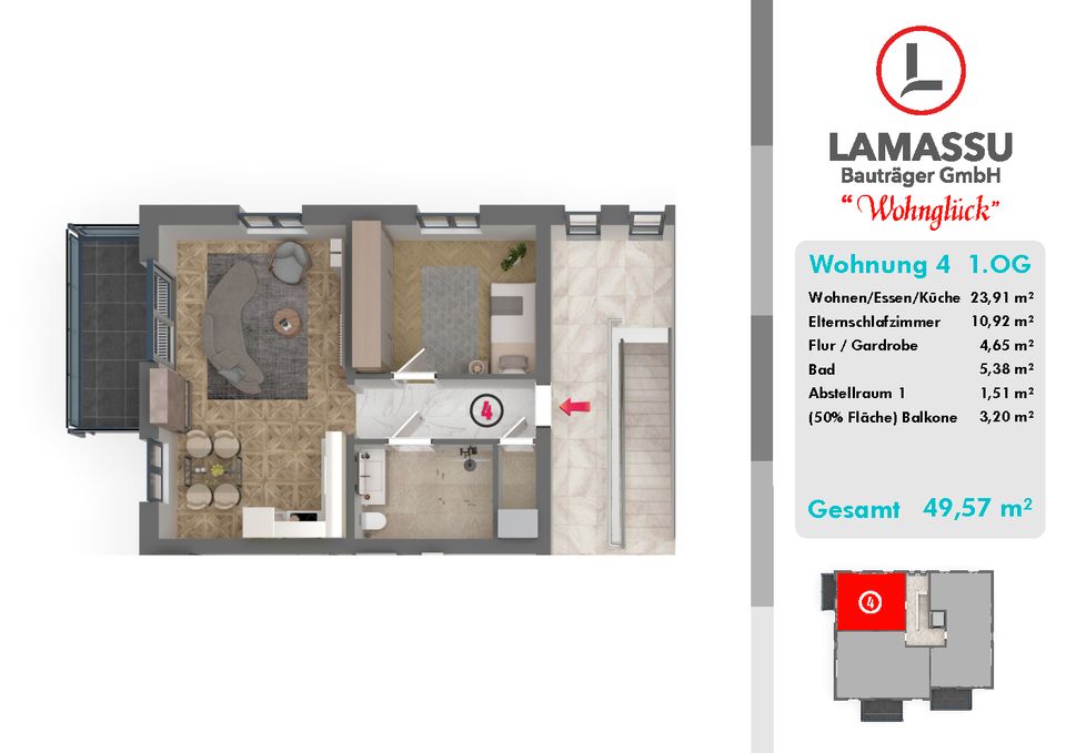 WE 04, Projekt Wohnglück mit 10 Wohneinheiten: 2-Zimmer-Wohnung mit offenem Grundriss und Balkon in Castrop-Rauxel